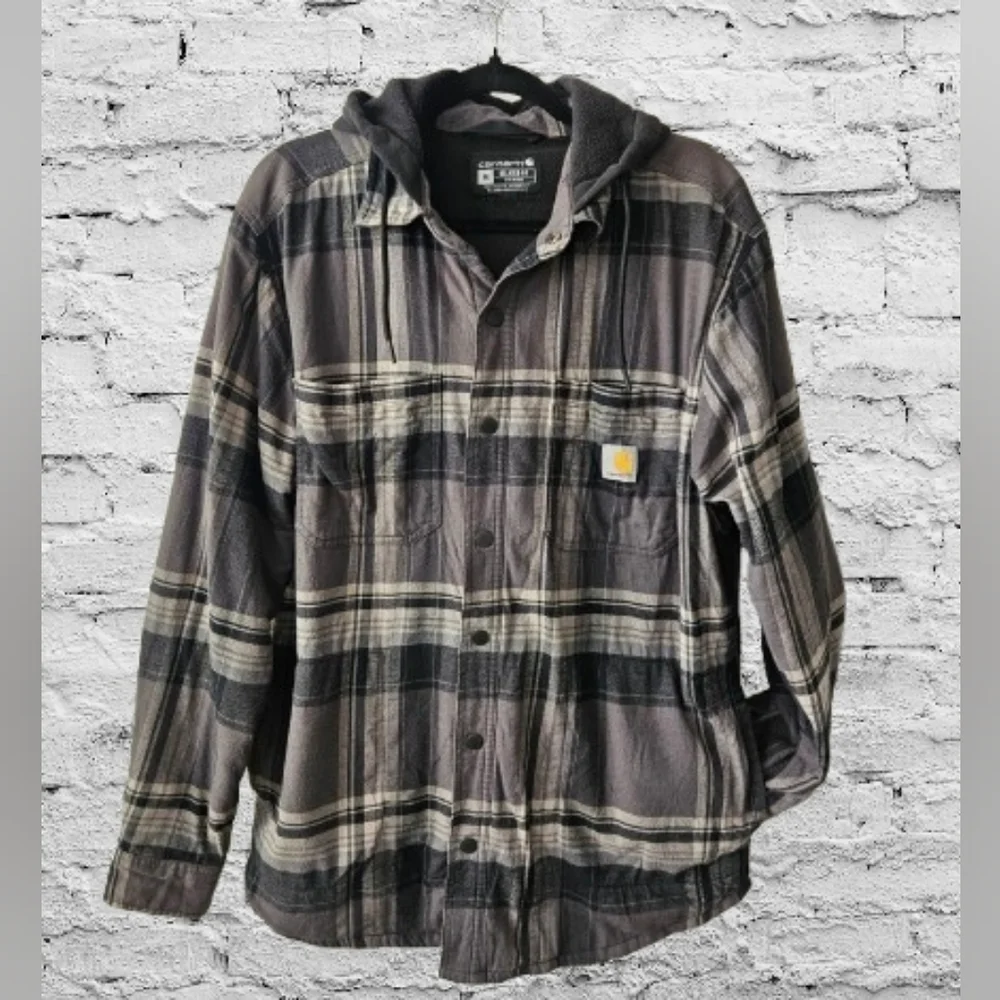 Carhartt Hooded Flannel Jacket Mens M Relaxed Fit Sherpa Lined Plaid Workwear